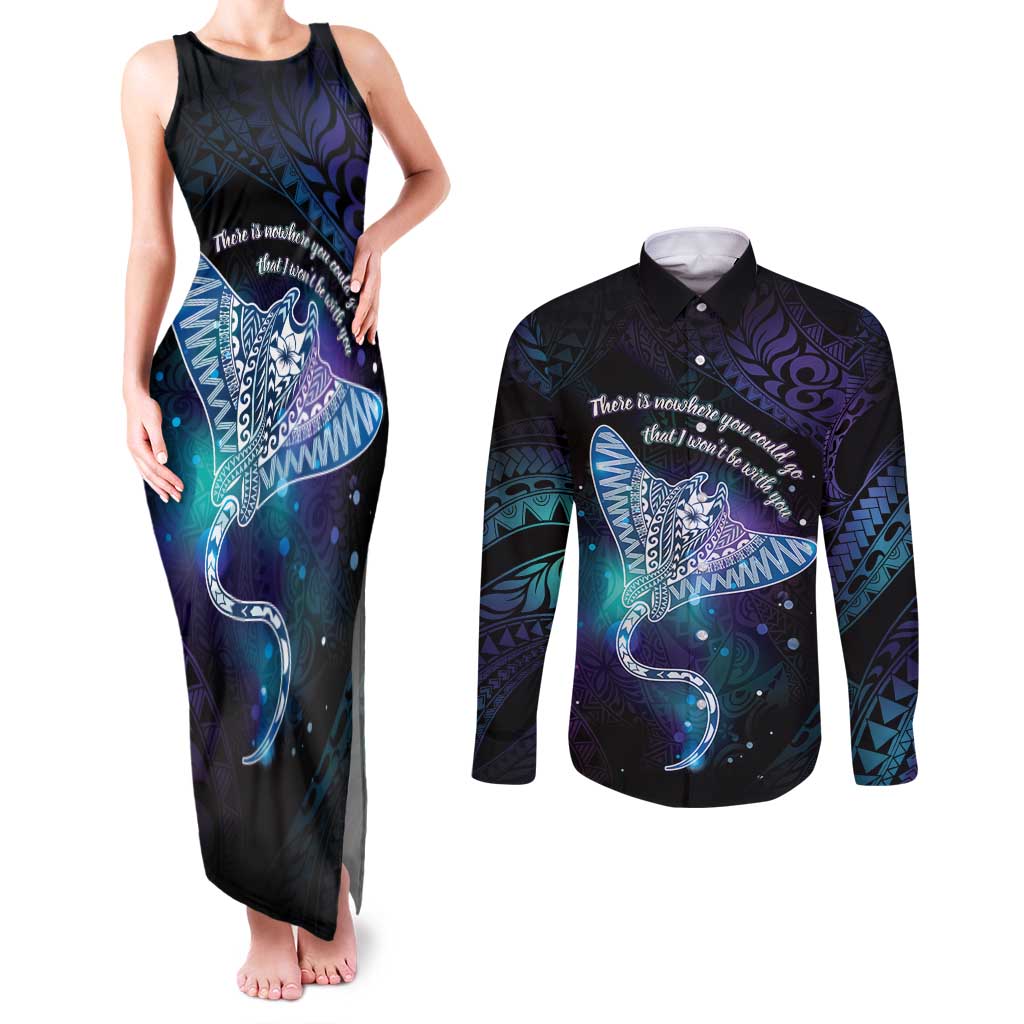 Polynesian Tala Manta Ray Couples Matching Tank Maxi Dress and Long Sleeve Button Shirt Nowhere You Could Go That I Won't Be With You - Wonder Print Shop
