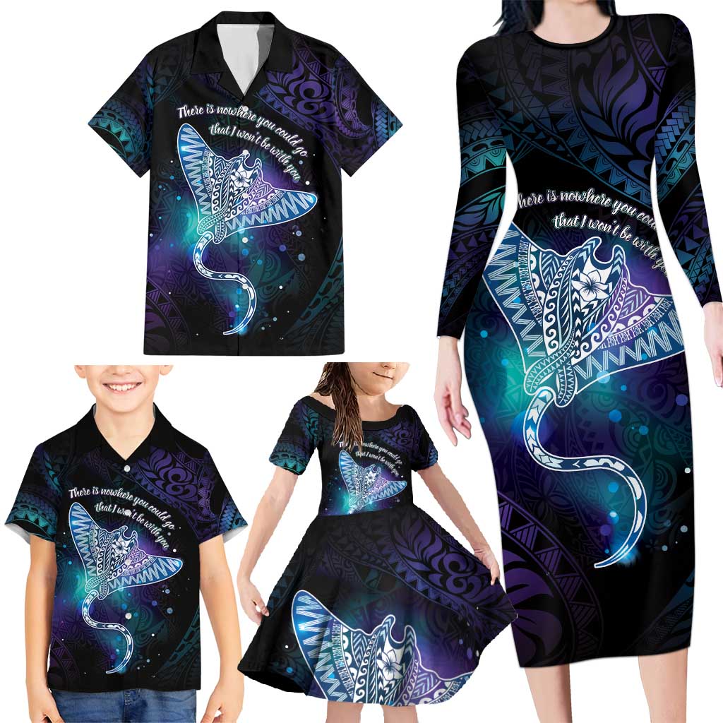 Polynesian Tala Manta Ray Family Matching Long Sleeve Bodycon Dress and Hawaiian Shirt Nowhere You Could Go That I Won't Be With You - Wonder Print Shop