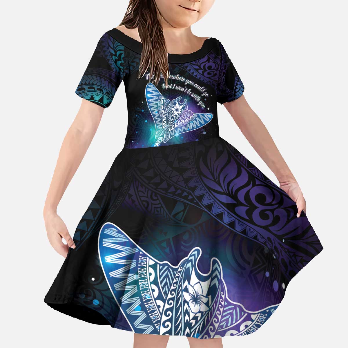 Polynesian Tala Manta Ray Family Matching Off The Shoulder Long Sleeve Dress and Hawaiian Shirt Nowhere You Could Go That I Won't Be With You - Wonder Print Shop