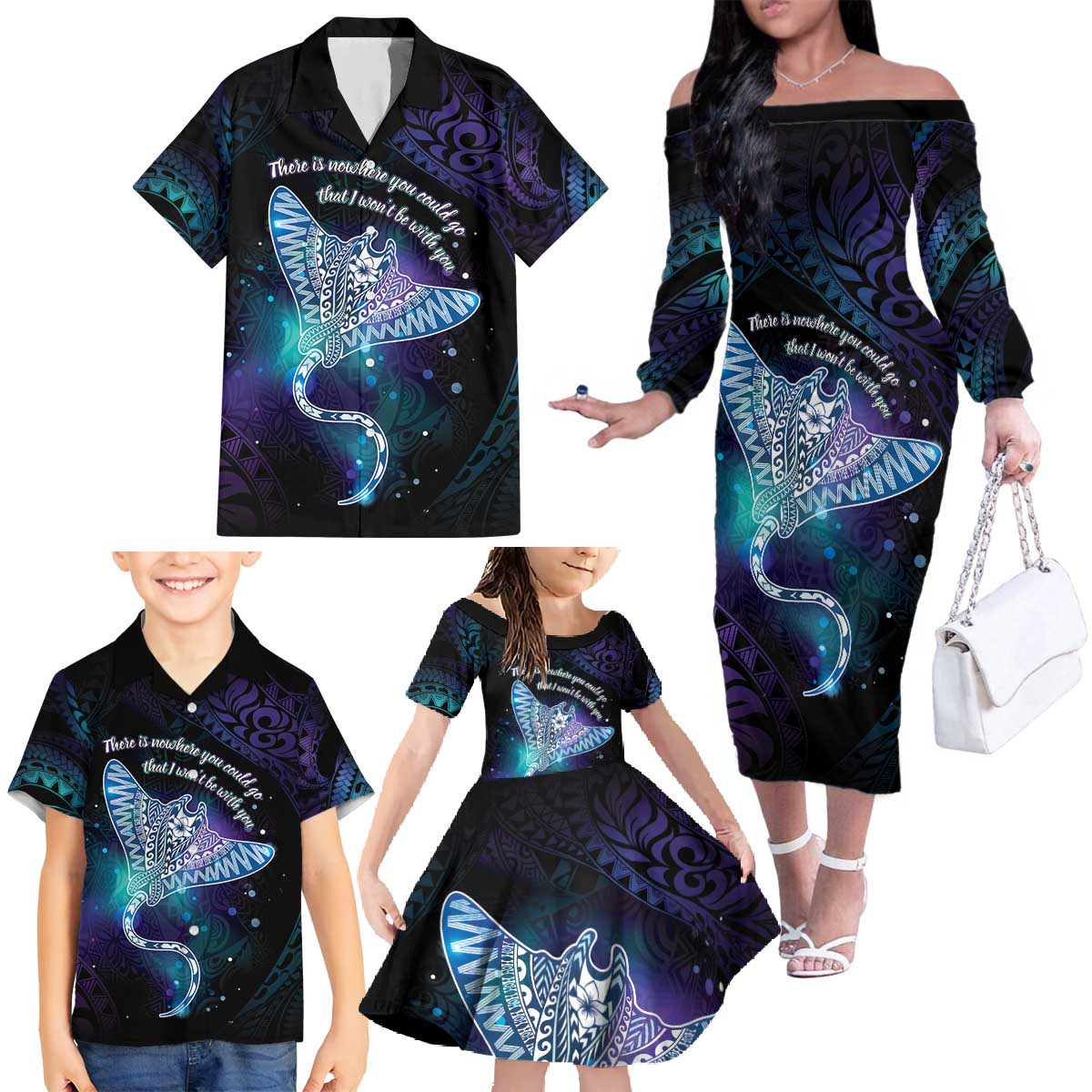 Polynesian Tala Manta Ray Family Matching Off The Shoulder Long Sleeve Dress and Hawaiian Shirt Nowhere You Could Go That I Won't Be With You - Wonder Print Shop