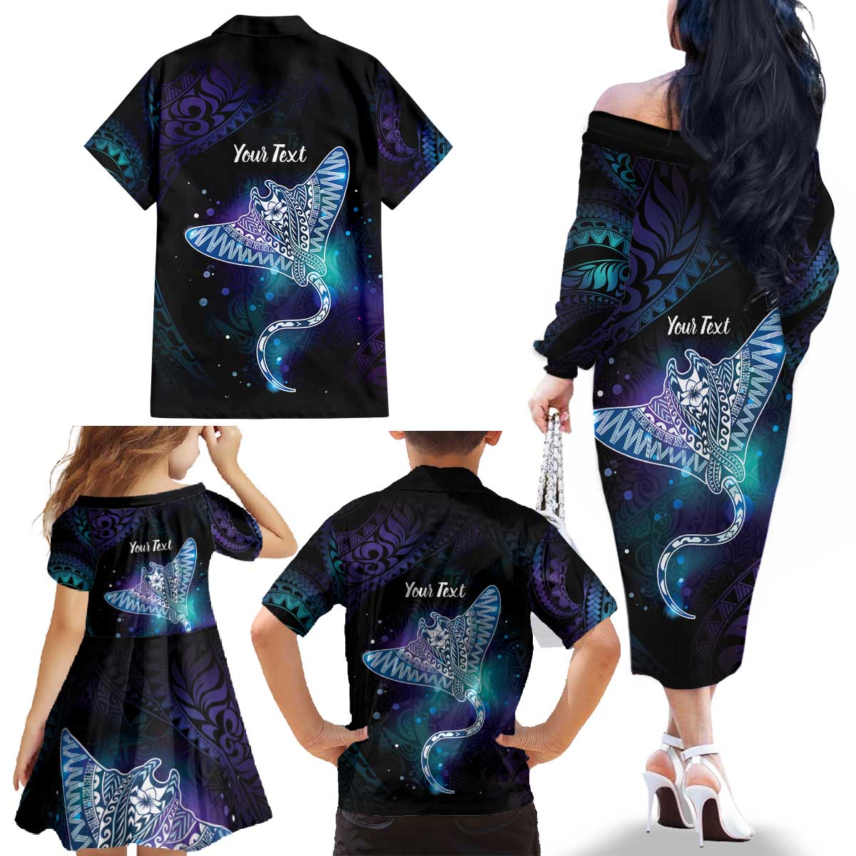Polynesian Tala Manta Ray Family Matching Off The Shoulder Long Sleeve Dress and Hawaiian Shirt Nowhere You Could Go That I Won't Be With You - Wonder Print Shop