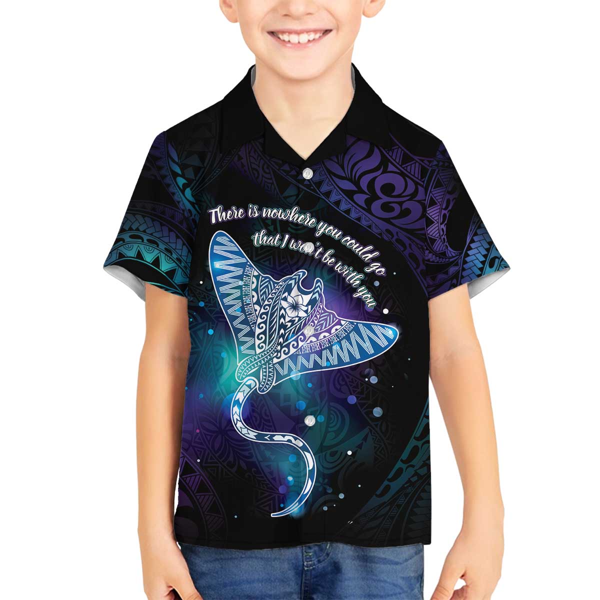 Polynesian Tala Manta Ray Family Matching Off The Shoulder Long Sleeve Dress and Hawaiian Shirt Nowhere You Could Go That I Won't Be With You - Wonder Print Shop
