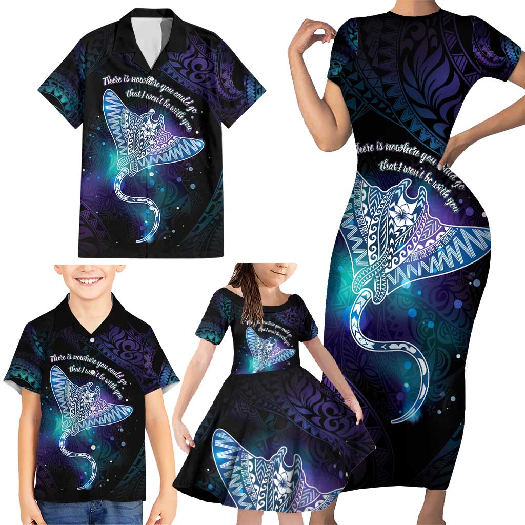 Polynesian Tala Manta Ray Family Matching Short Sleeve Bodycon Dress and Hawaiian Shirt Nowhere You Could Go That I Won't Be With You - Wonder Print Shop