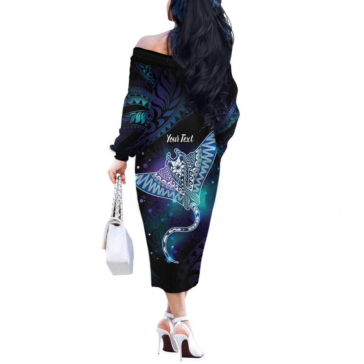 Polynesian Tala Manta Ray Off The Shoulder Long Sleeve Dress Nowhere You Could Go That I Won't Be With You - Wonder Print Shop