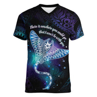 Polynesian Tala Manta Ray Women V-Neck T-Shirt Nowhere You Could Go That I Won't Be With You - Wonder Print Shop