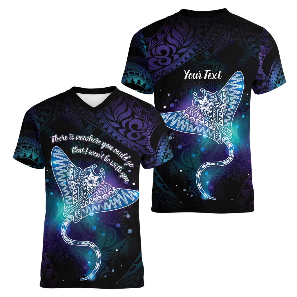 Polynesian Tala Manta Ray Women V-Neck T-Shirt Nowhere You Could Go That I Won't Be With You - Wonder Print Shop