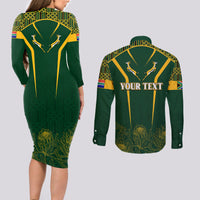 Personalised South African Heritage Day Couples Matching Long Sleeve Bodycon Dress and Long Sleeve Button Shirts Kente Ethnic Patterns Mix Springboks LT7 - Wonder Print Shop