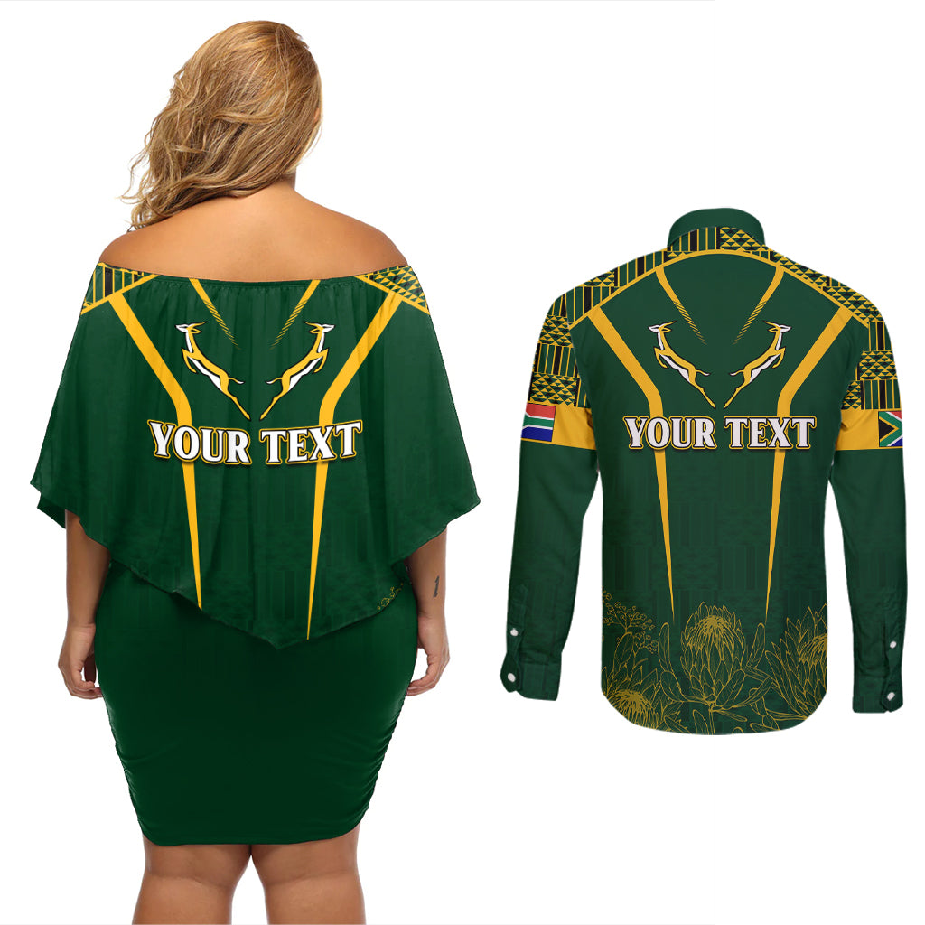 Personalised South African Heritage Day Couples Matching Off Shoulder Short Dress and Long Sleeve Button Shirts Kente Ethnic Patterns Mix Springboks LT7 - Wonder Print Shop