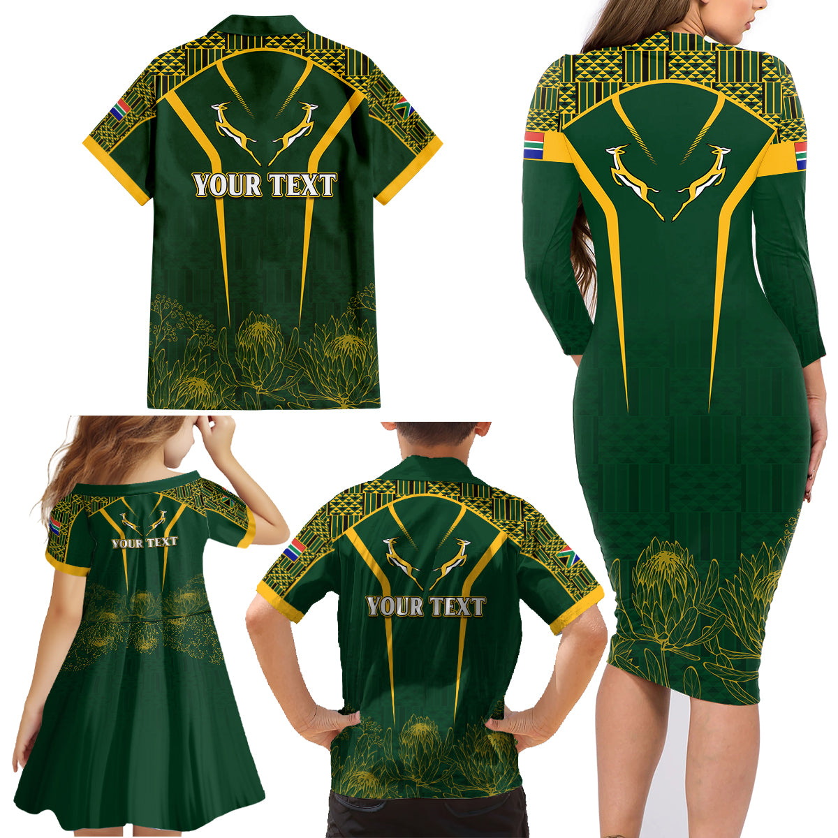Personalised South African Heritage Day Family Matching Long Sleeve Bodycon Dress and Hawaiian Shirt Kente Ethnic Patterns Mix Springboks LT7 - Wonder Print Shop