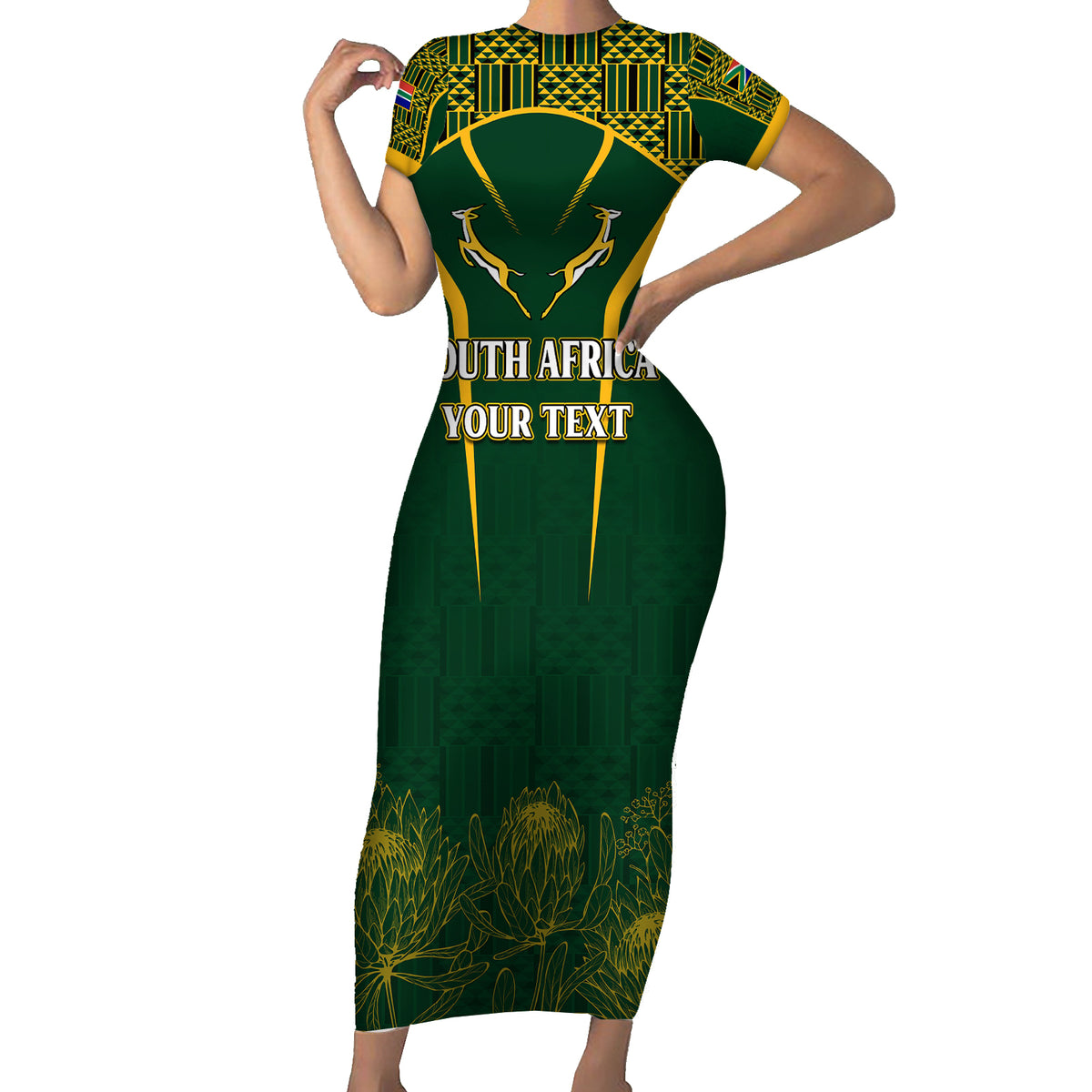Personalised South African Heritage Day Family Matching Short Sleeve Bodycon Dress and Hawaiian Shirt Kente Ethnic Patterns Mix Springboks - Wonder Print Shop