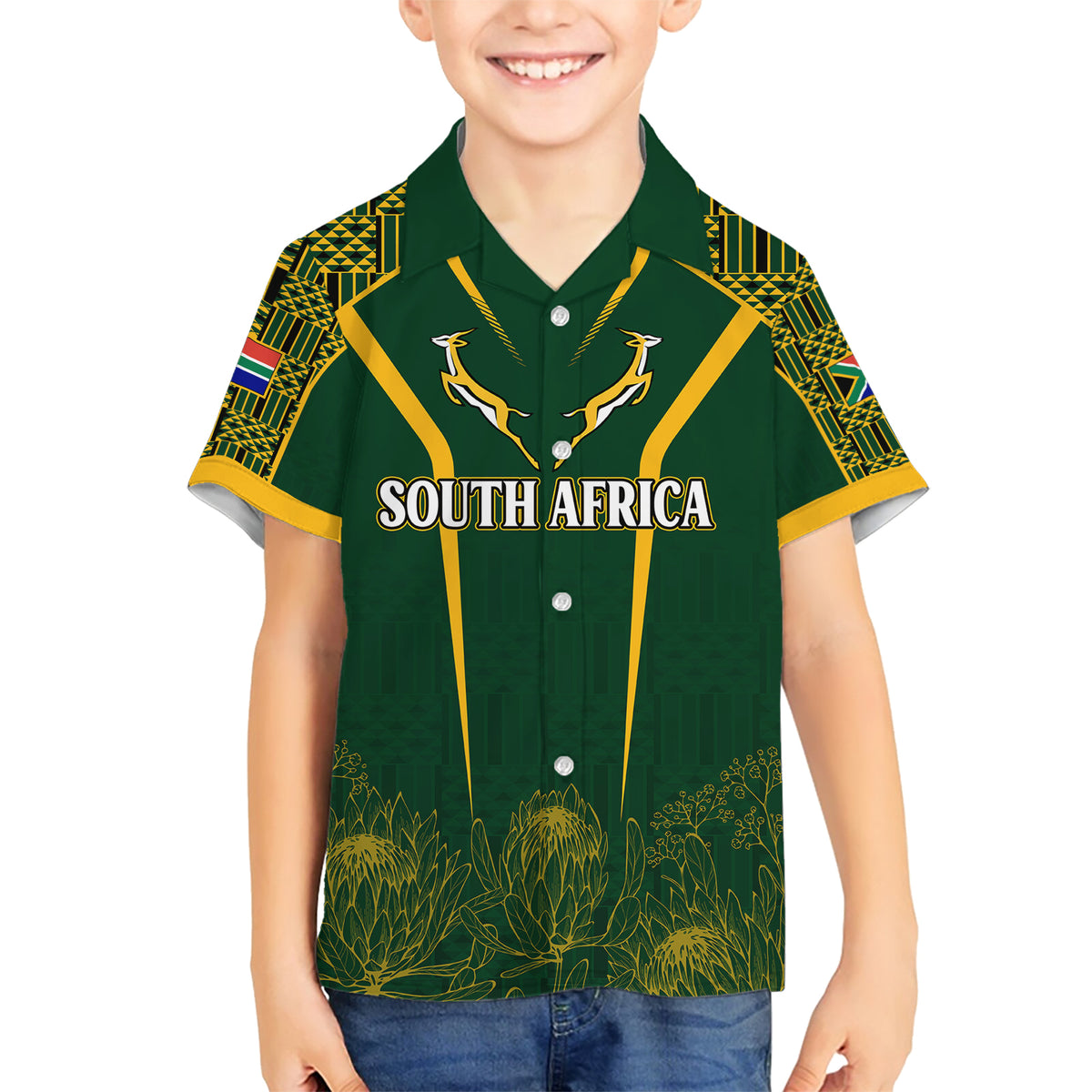 Personalised South African Heritage Day Family Matching Short Sleeve Bodycon Dress and Hawaiian Shirt Kente Ethnic Patterns Mix Springboks - Wonder Print Shop