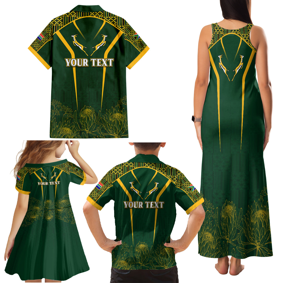 Personalised South African Heritage Day Family Matching Tank Maxi Dress and Hawaiian Shirt Kente Ethnic Patterns Mix Springboks - Wonder Print Shop