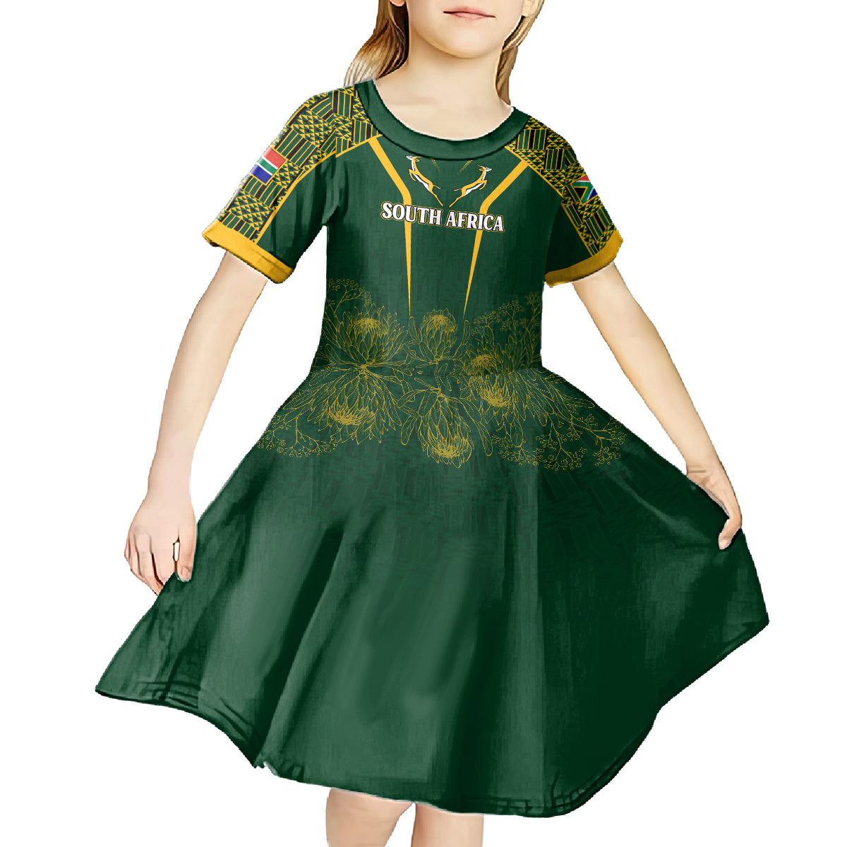 Personalised South African Heritage Day Kid Short Sleeve Dress Kente Ethnic Patterns Mix Springboks - Wonder Print Shop