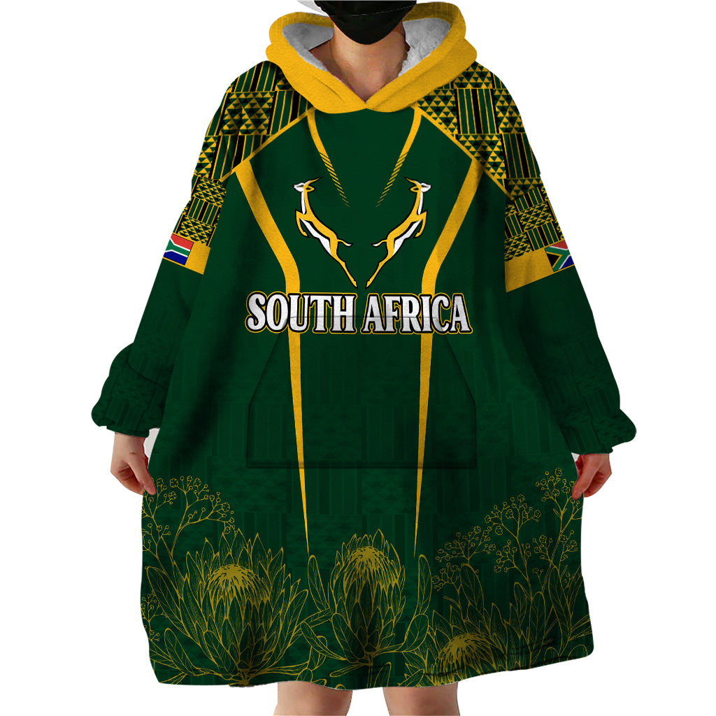 Personalised South African Heritage Day Wearable Blanket Hoodie Kente Ethnic Patterns Mix Springboks - Wonder Print Shop
