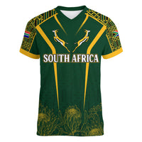 Personalised South African Heritage Day Women V Neck T Shirt Kente Ethnic Patterns Mix Springboks - Wonder Print Shop