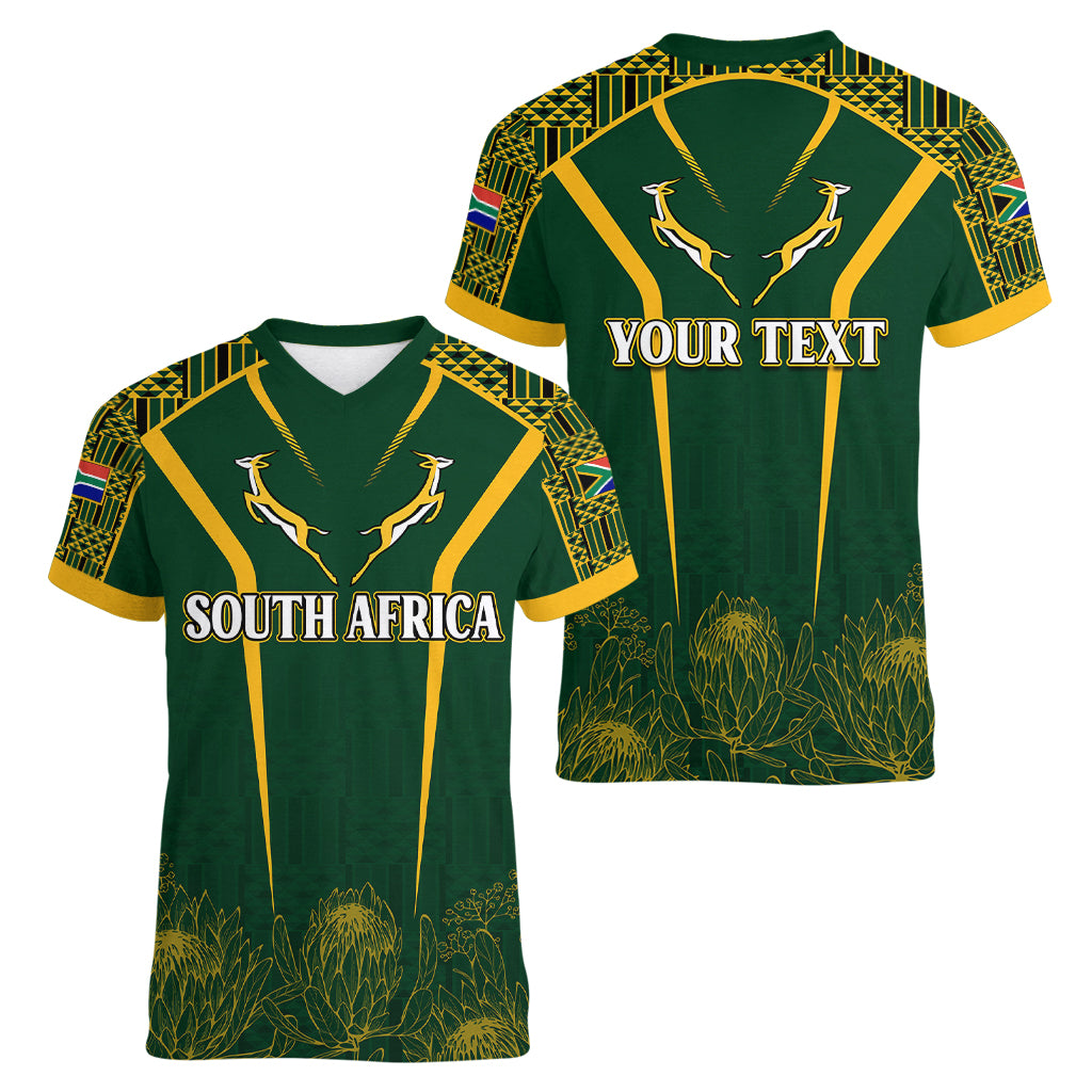 Personalised South African Heritage Day Women V Neck T Shirt Kente Ethnic Patterns Mix Springboks - Wonder Print Shop