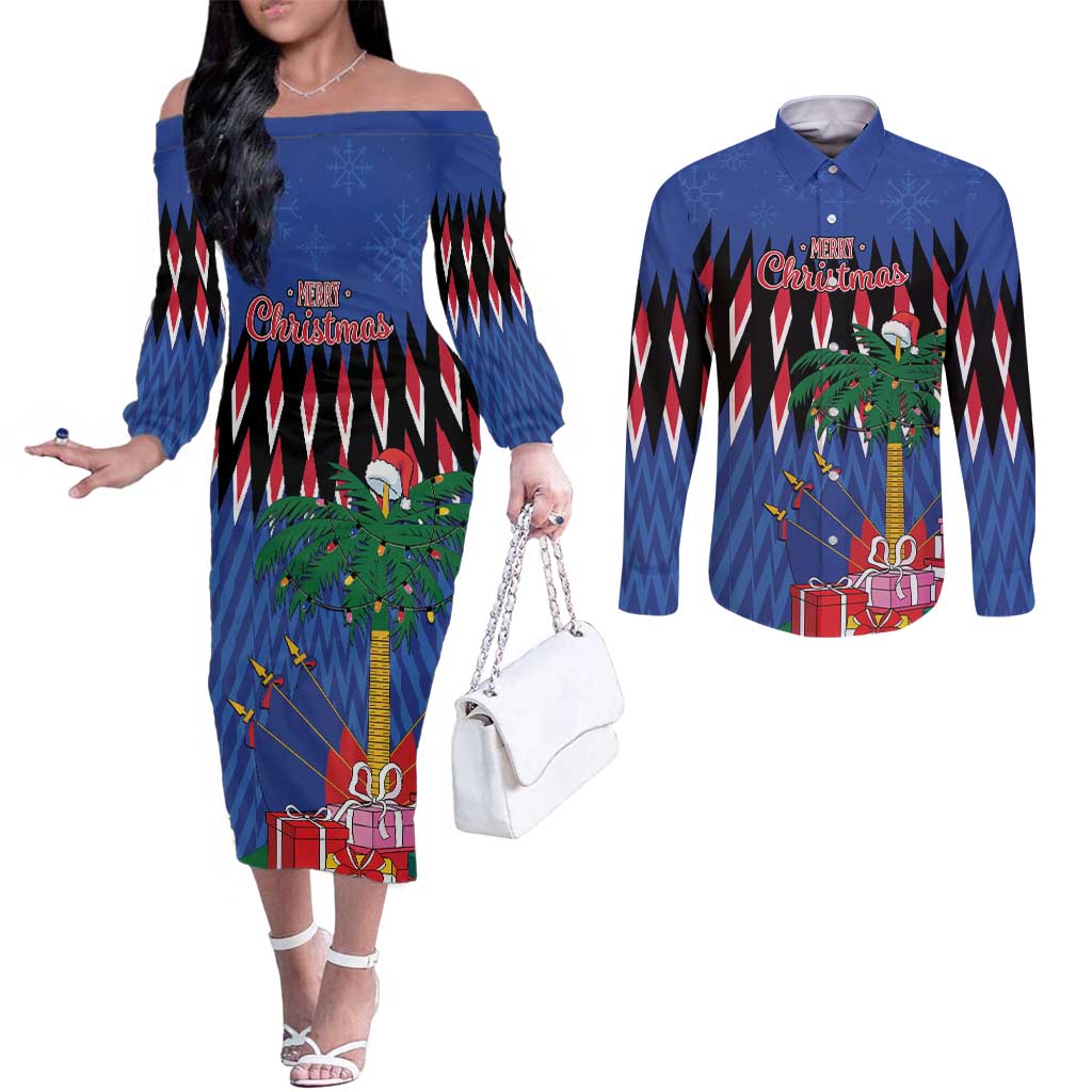 Personalized Haiti Couples Matching Off The Shoulder Long Sleeve Dress and Long Sleeve Button Shirt Christmas Festive Vibes
