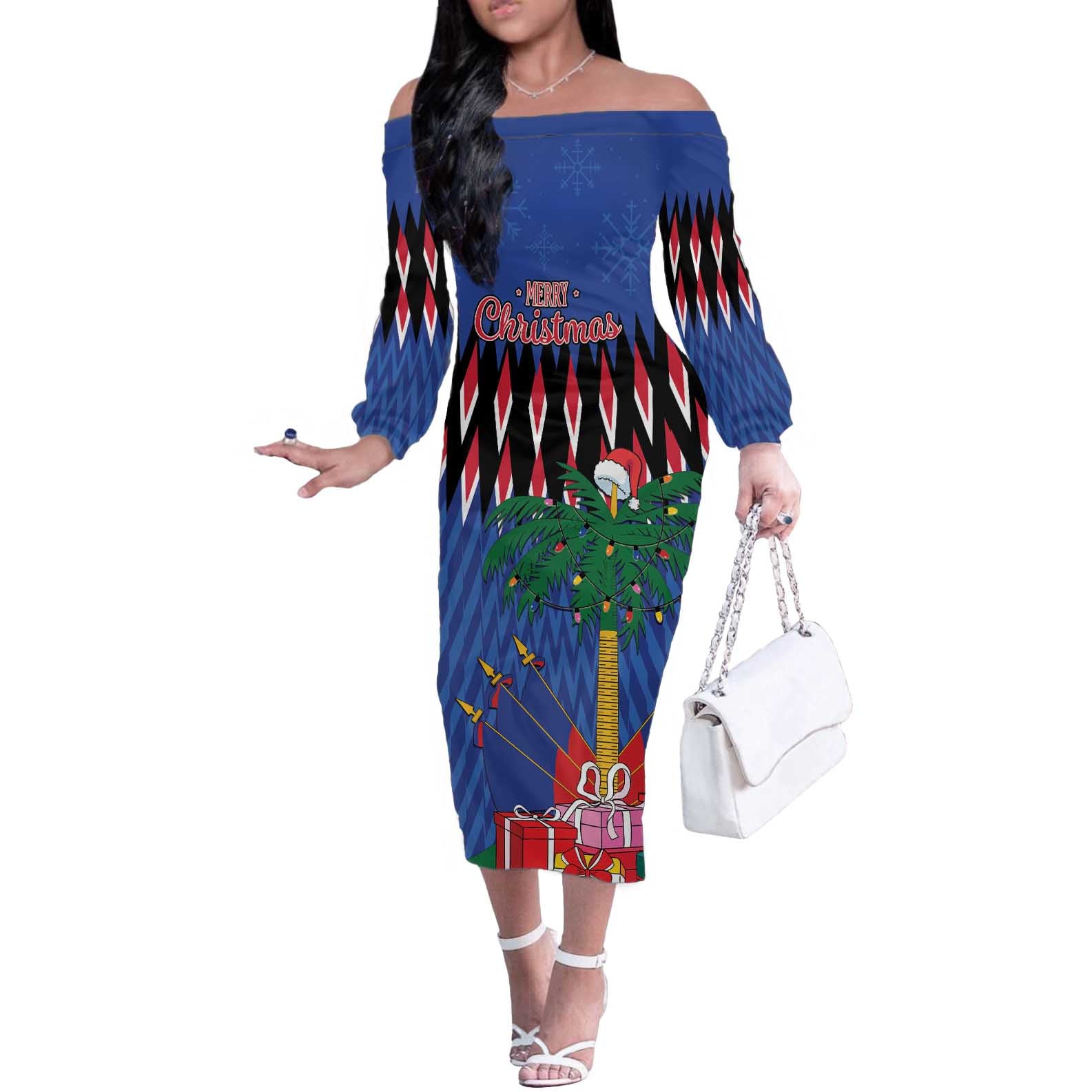 Personalized Haiti Off The Shoulder Long Sleeve Dress Christmas Festive Vibes - Wonder Print Shop