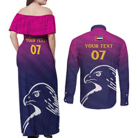 UAE Cricket Custom Couples Matching Off Shoulder Maxi Dress and Long Sleeve Button Shirt Arabian Falcon LT7 - Wonder Print Shop