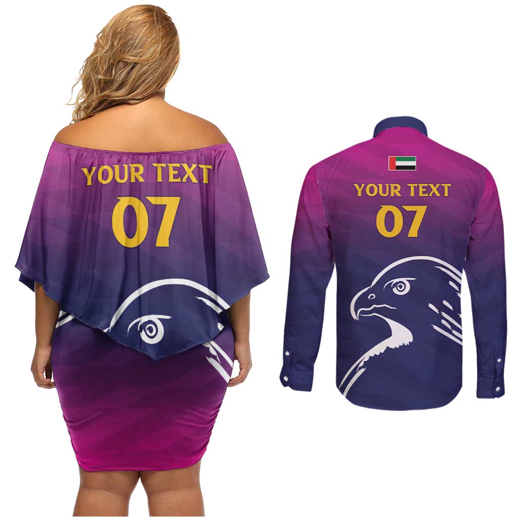 UAE Cricket Custom Couples Matching Off Shoulder Short Dress and Long Sleeve Button Shirt Arabian Falcon LT7 - Wonder Print Shop