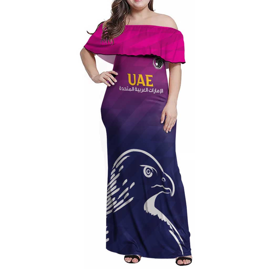 UAE Cricket Custom Family Matching Off Shoulder Maxi Dress and Hawaiian Shirt Arabian Falcon LT7 - Wonder Print Shop