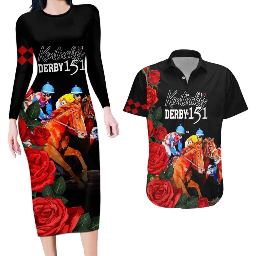 Horse Racing Custom Couples Matching Long Sleeve Bodycon Dress and Hawaiian Shirt 151st Anniversary Race For the Roses LT7