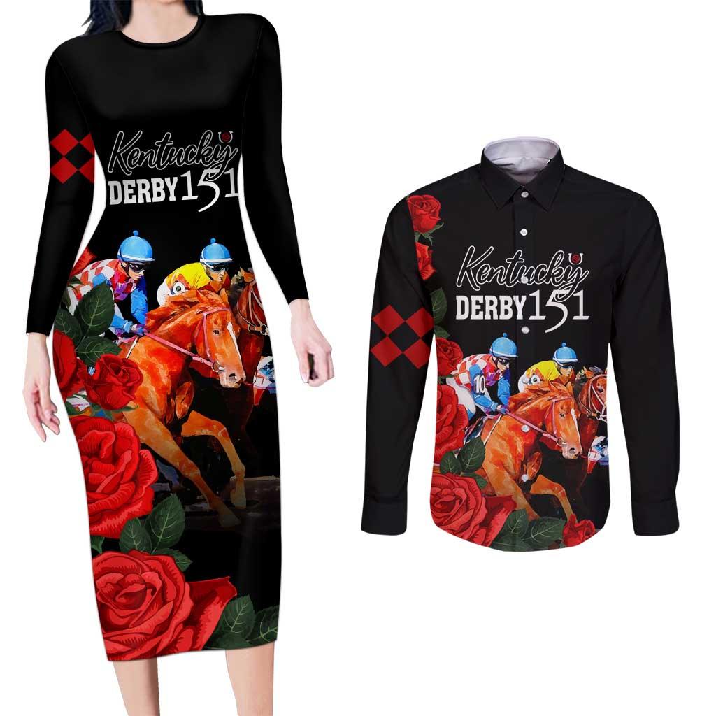Horse Racing Custom Couples Matching Long Sleeve Bodycon Dress and Long Sleeve Button Shirt 151st Anniversary Race For the Roses LT7