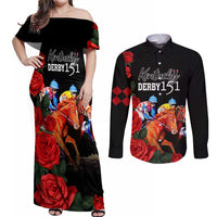 Horse Racing Custom Couples Matching Off Shoulder Maxi Dress and Long Sleeve Button Shirt 151st Anniversary Race For the Roses LT7