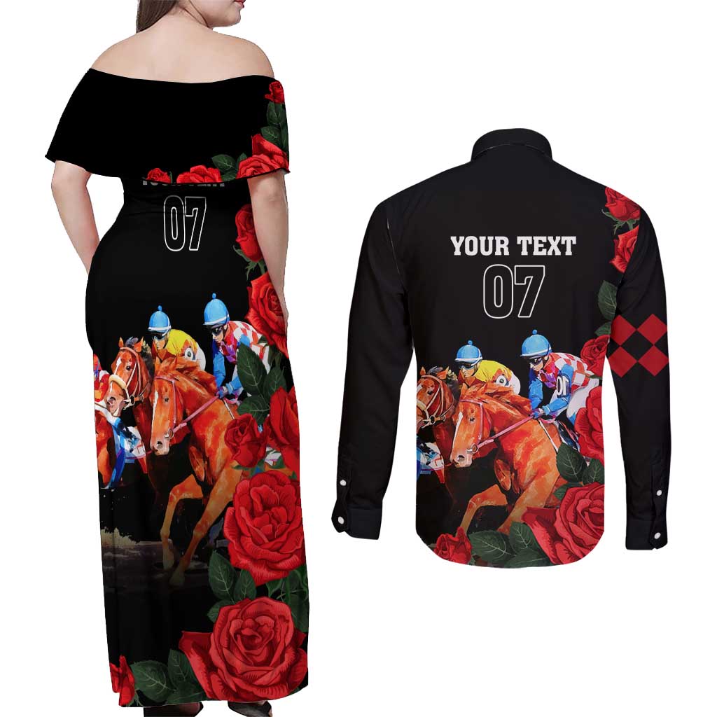 Horse Racing Custom Couples Matching Off Shoulder Maxi Dress and Long Sleeve Button Shirt 151st Anniversary Race For the Roses LT7