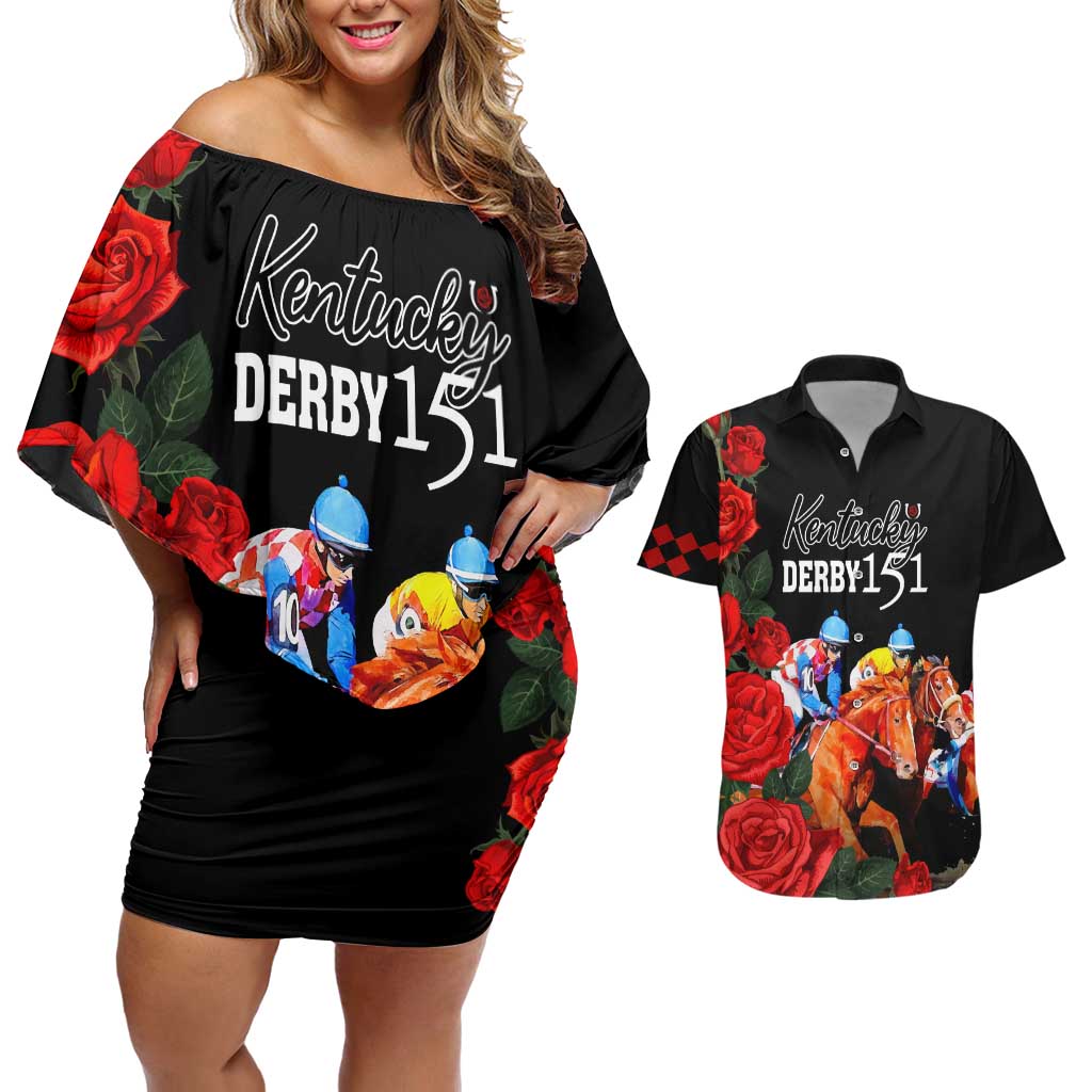 Horse Racing Custom Couples Matching Off Shoulder Short Dress and Hawaiian Shirt 151st Anniversary Race For the Roses LT7