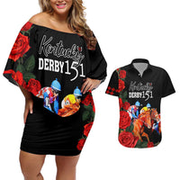 Horse Racing Custom Couples Matching Off Shoulder Short Dress and Hawaiian Shirt 151st Anniversary Race For the Roses LT7