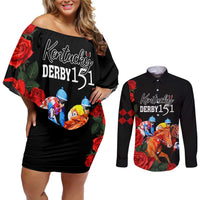 Horse Racing Custom Couples Matching Off Shoulder Short Dress and Long Sleeve Button Shirt 151st Anniversary Race For the Roses LT7