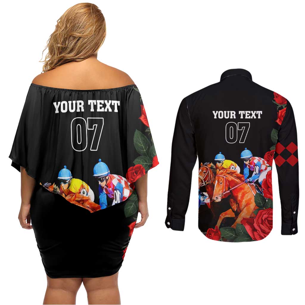 Horse Racing Custom Couples Matching Off Shoulder Short Dress and Long Sleeve Button Shirt 151st Anniversary Race For the Roses LT7
