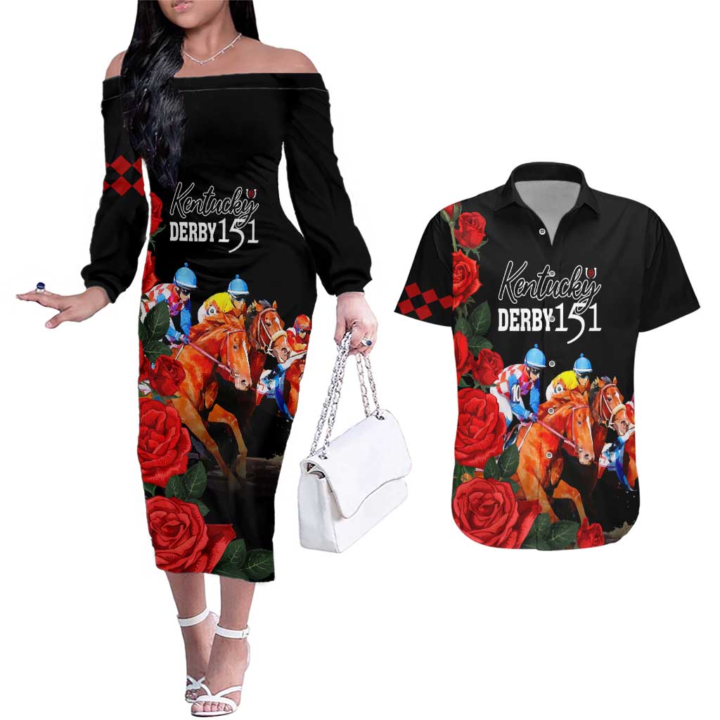 Horse Racing Custom Couples Matching Off The Shoulder Long Sleeve Dress and Hawaiian Shirt 151st Anniversary Race For the Roses LT7