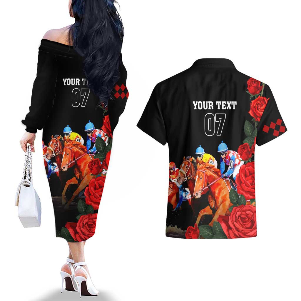 Horse Racing Custom Couples Matching Off The Shoulder Long Sleeve Dress and Hawaiian Shirt 151st Anniversary Race For the Roses LT7