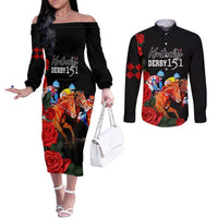 Horse Racing Custom Couples Matching Off The Shoulder Long Sleeve Dress and Long Sleeve Button Shirt 151st Anniversary Race For the Roses LT7