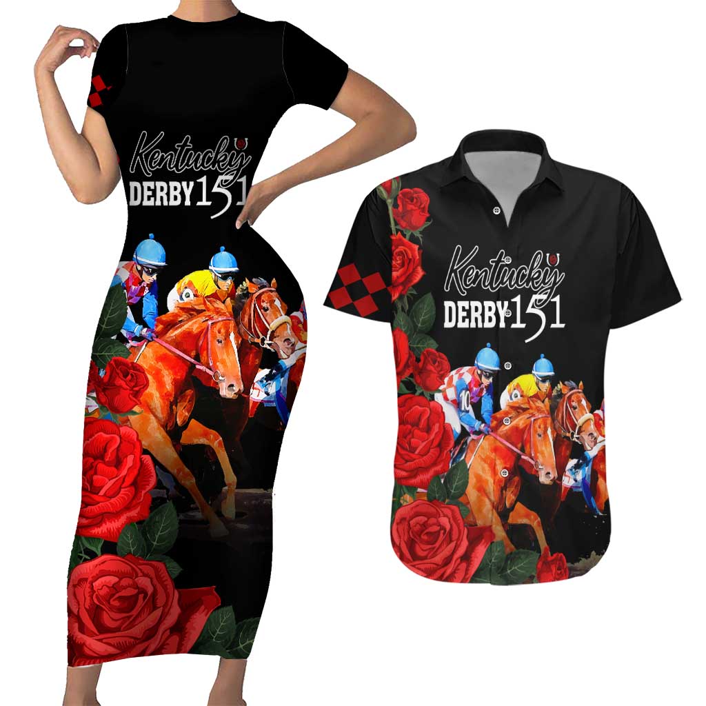 Horse Racing Custom Couples Matching Short Sleeve Bodycon Dress and Hawaiian Shirt 151st Anniversary Race For the Roses LT7