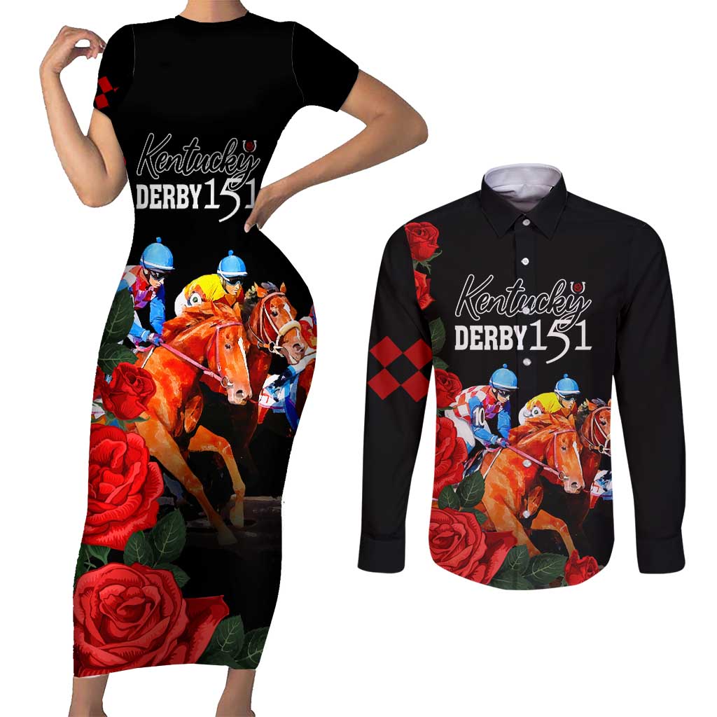 Horse Racing Custom Couples Matching Short Sleeve Bodycon Dress and Long Sleeve Button Shirt 151st Anniversary Race For the Roses LT7