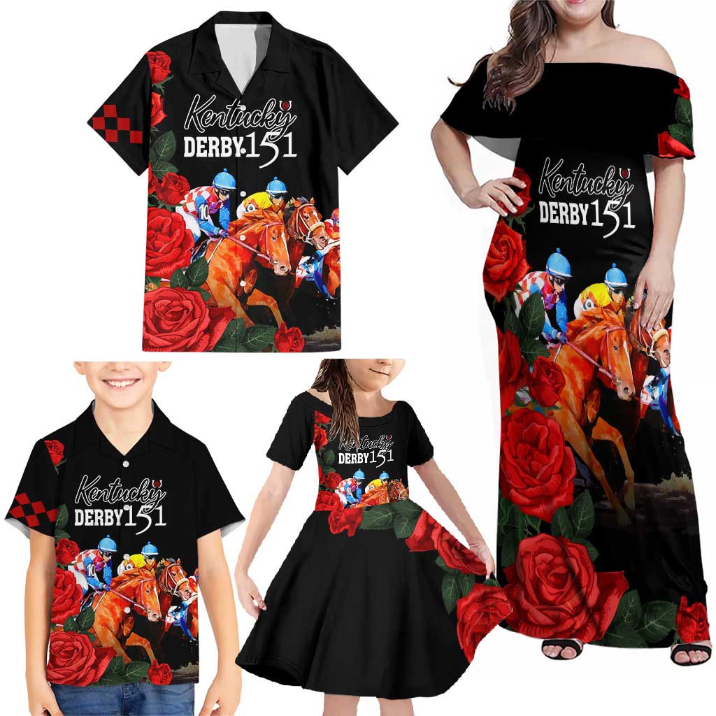 Horse Racing Custom Family Matching Off Shoulder Maxi Dress and Hawaiian Shirt 151st Anniversary Race For the Roses LT7