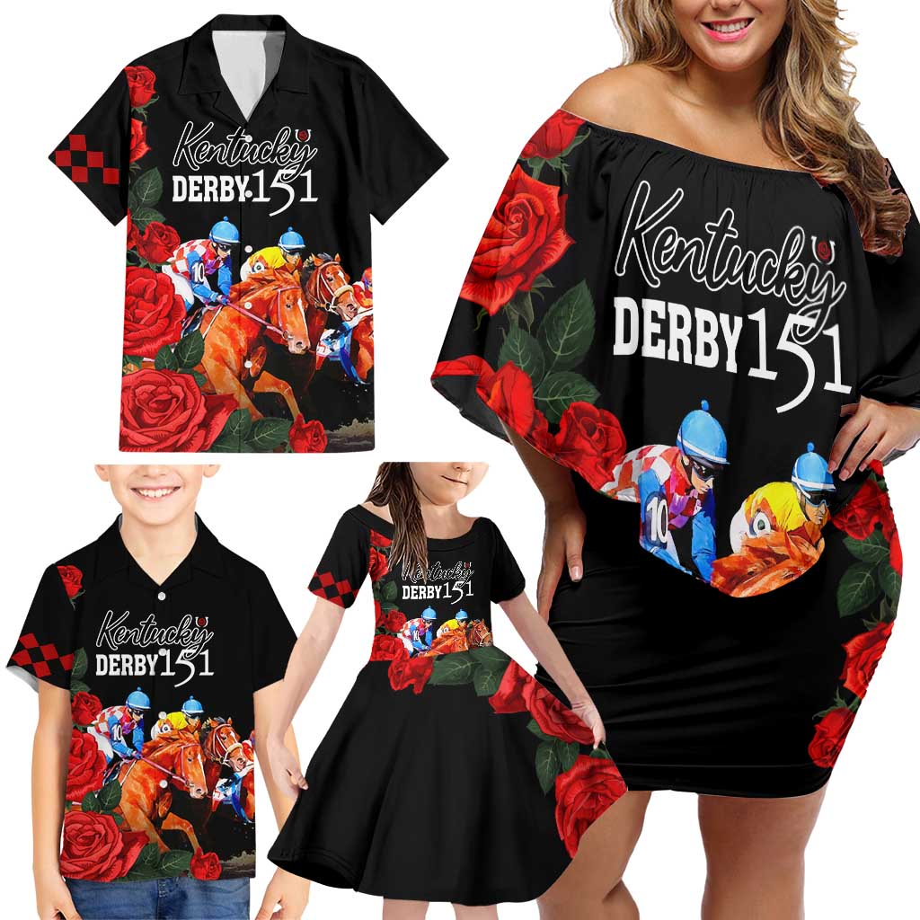 Horse Racing Custom Family Matching Off Shoulder Short Dress and Hawaiian Shirt 151st Anniversary Race For the Roses LT7