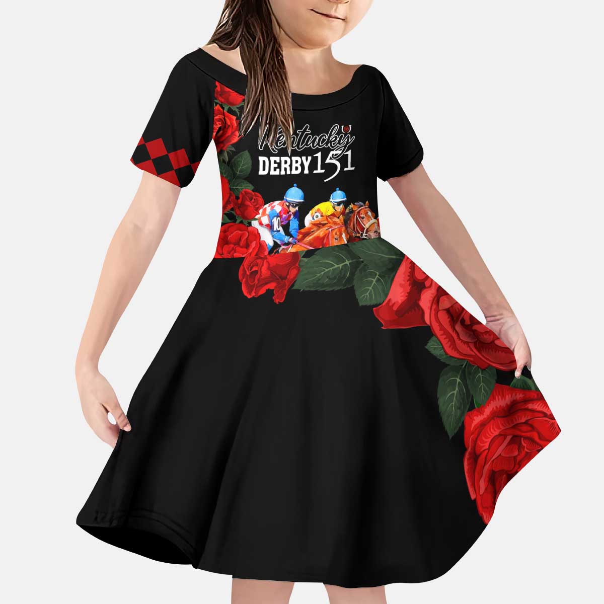 Horse Racing Custom Kid Short Sleeve Dress 151st Anniversary Race For the Roses LT7