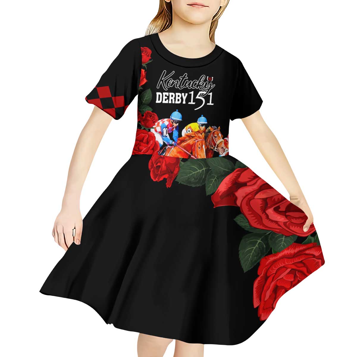 Horse Racing Custom Kid Short Sleeve Dress 151st Anniversary Race For the Roses LT7