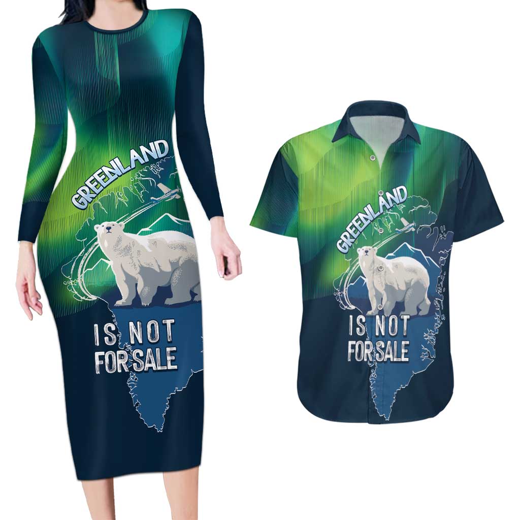 Greenland Is Not For Sale Couples Matching Long Sleeve Bodycon Dress and Hawaiian Shirt Arctic Aurora Borealis