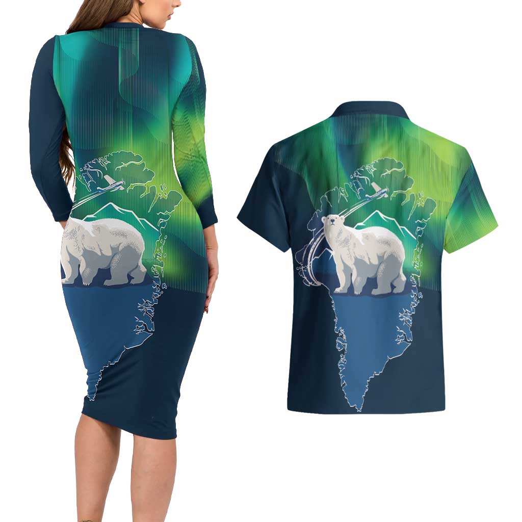 Greenland Is Not For Sale Couples Matching Long Sleeve Bodycon Dress and Hawaiian Shirt Arctic Aurora Borealis