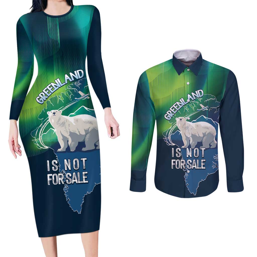 Greenland Is Not For Sale Couples Matching Long Sleeve Bodycon Dress and Long Sleeve Button Shirt Arctic Aurora Borealis