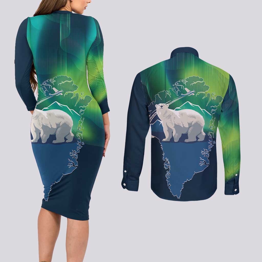 Greenland Is Not For Sale Couples Matching Long Sleeve Bodycon Dress and Long Sleeve Button Shirt Arctic Aurora Borealis