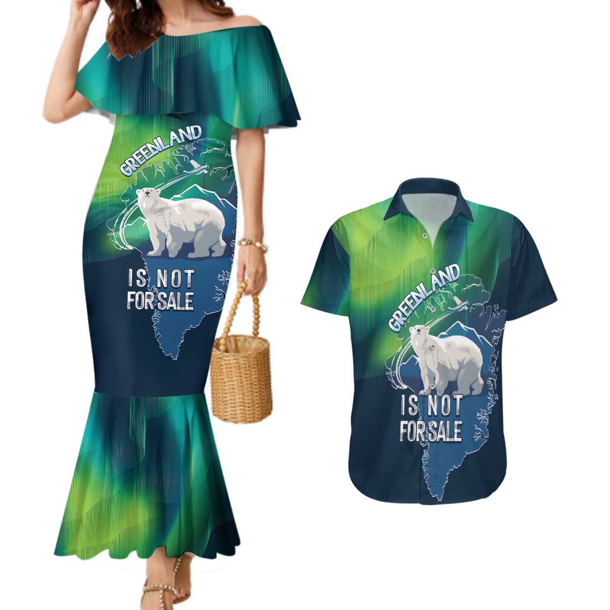 Greenland Is Not For Sale Couples Matching Mermaid Dress and Hawaiian Shirt Arctic Aurora Borealis