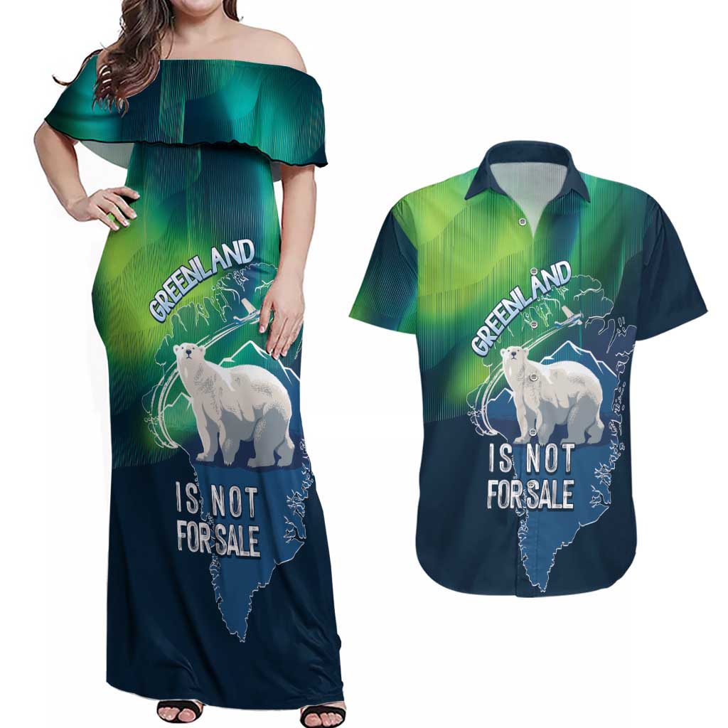 Greenland Is Not For Sale Couples Matching Off Shoulder Maxi Dress and Hawaiian Shirt Arctic Aurora Borealis