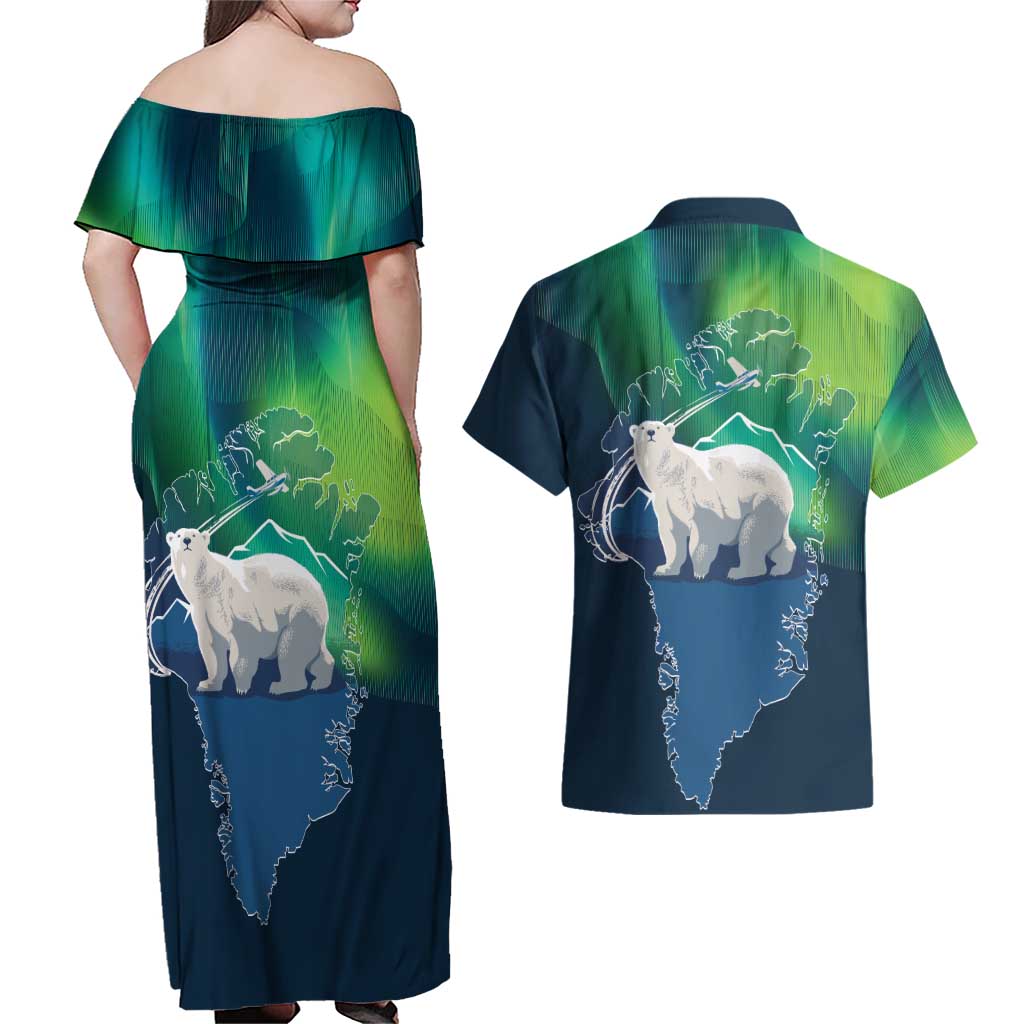 Greenland Is Not For Sale Couples Matching Off Shoulder Maxi Dress and Hawaiian Shirt Arctic Aurora Borealis