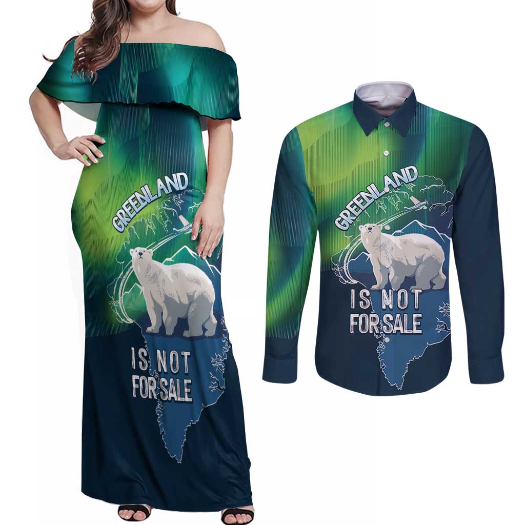 Greenland Is Not For Sale Couples Matching Off Shoulder Maxi Dress and Long Sleeve Button Shirt Arctic Aurora Borealis